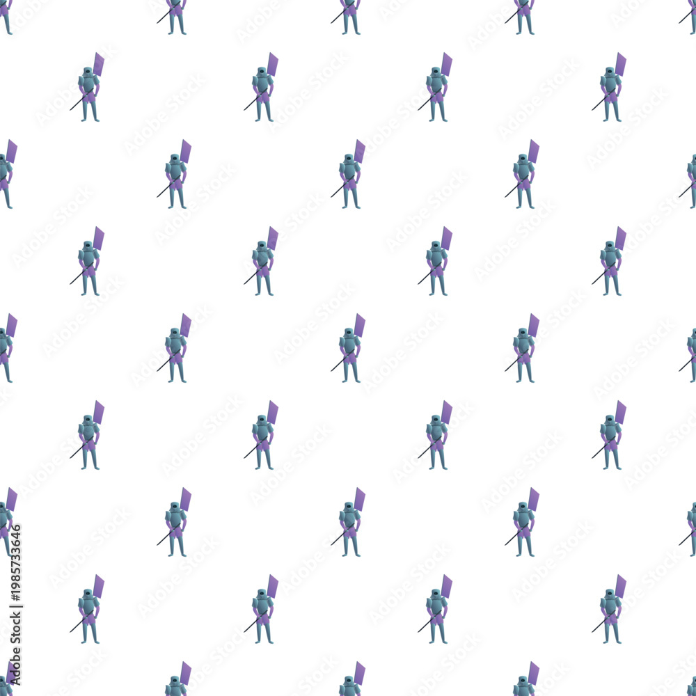 Fototapeta premium Repeating pattern of armored knight figures holding a purple banner and sword
