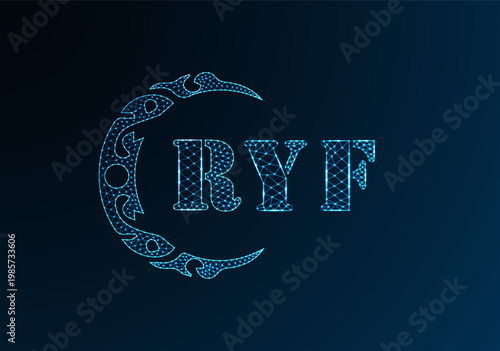 Low poly letter logo RYF design. RYF letter logo low poly vector design on blue color gradient background. RYF logo low poly design