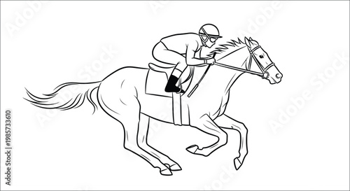 A detailed line drawing of a jockey riding a galloping horse