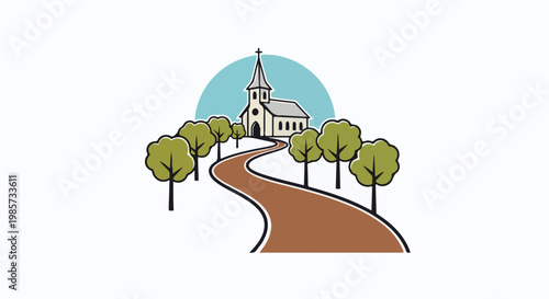 Winding road leads to a picturesque church on a hill surrounded by trees