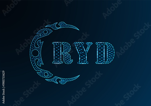 Low poly letter logo RYD design. RYD letter logo low poly vector design on blue color gradient background. RYD logo low poly design