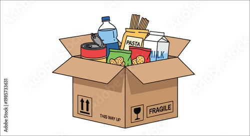A cardboard box filled with various grocery items and food products