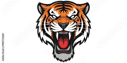 Fierce tiger head with mouth open, showcasing sharp teeth and intense expression