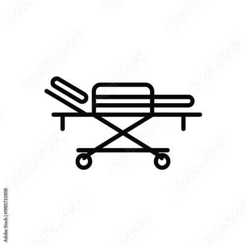 Simple line drawing of a hospital gurney with wheels and adjustable bed