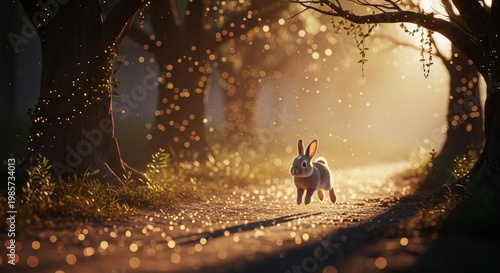 Enchanted forest path with rabbit surrounded by glowing dust particles