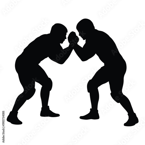 Two silhouetted figures engaged in an arm wrestling competition