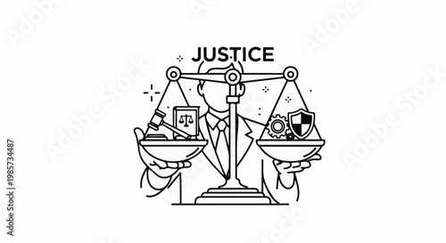 Stylized illustration of a figure holding scales of justice with legal and security symbols