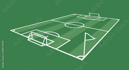 A minimalist, isometric view of a green soccer field with white markings and goals