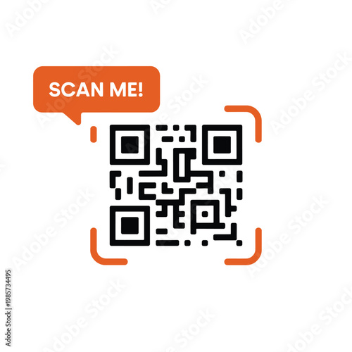 Orange speech bubble with a black qr code and scanner graphic