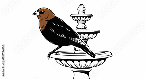 A black bird with a brown head perches on a decorative tiered fountain