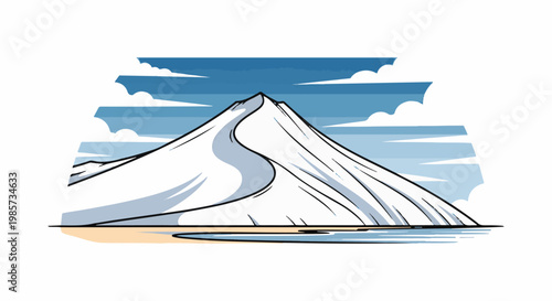 Stylized snow-capped mountain peak with flowing water and sandy shore