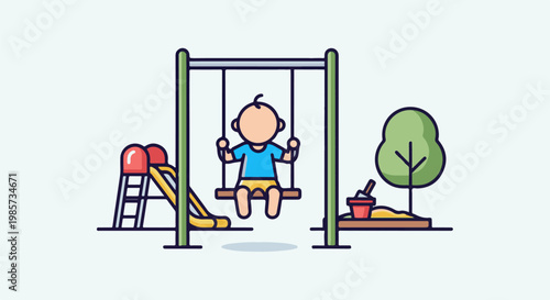 A child enjoys a swing in a park, near a slide and sandbox