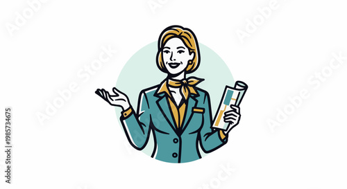 Stylized woman in a teal suit and yellow scarf holds a rolled document