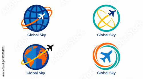 Collection of diverse global travel and aviation logo designs, featuring stylized airplanes circling globes and dynamic sky motifs for business branding solutions