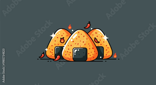 Three spicy, fiery rice balls with red chili peppers and sparks