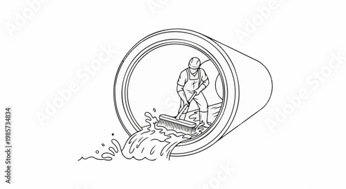Worker cleans a large pipe with a broom as water spills out