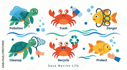 Marine life in distress due to pollution, trash, and plastic, with a call to action for cleanup, recycling, and protection