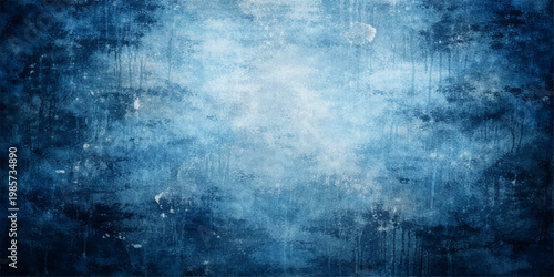 Aged vintage art texture featuring a grungy dark blue paint design on a dirty old wall surface backdrop with light retro paper pattern and copy space