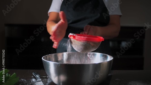 Sifting Flour for Homemade Vegan Lasagna: Crafting Healthy Italian Cuisine