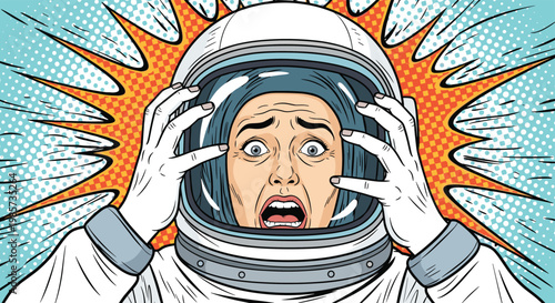Panic-stricken female astronaut screaming in terror inside her space helmet with hands on the glass visor and explosion background.