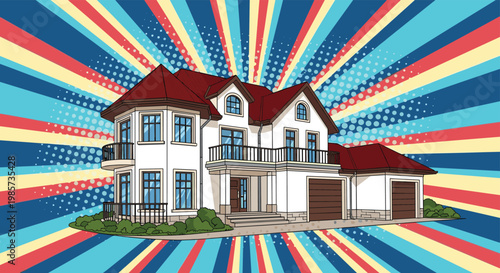 Luxury white two-story suburban house with red roof and garage on a vibrant blue and red sunburst pop art background.
