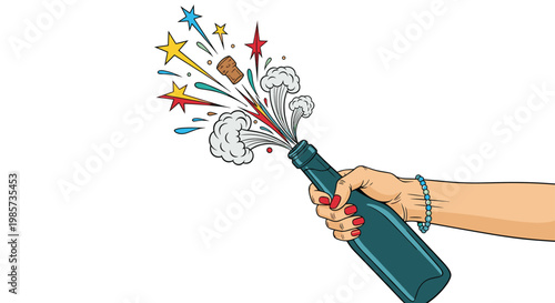 Hand with red nails popping a bottle of champagne with cork flying out and colorful stars and smoke against white background.