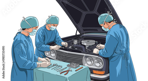 Group of surgeons in medical scrubs performing surgery on a car engine in an open hood conceptual illustration.