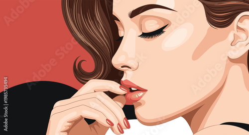 Sensual profile of a beautiful woman with long wavy hair and closed eyes touching her red lips with fingers in a classic art style.