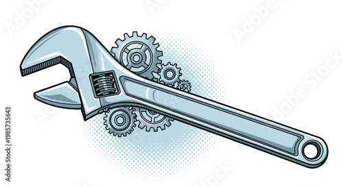 Large adjustable wrench placed over several mechanical gears in a conceptual engineering and repair illustration.