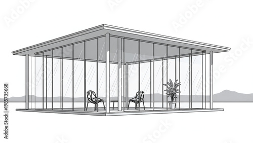 Modern glass house with two chairs and a plant inside on a sunny day with mountains in the background.