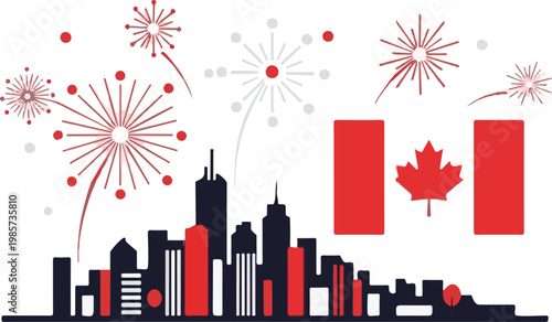 Red and white fireworks display erupting over a stylized modern city skyline alongside the national flag of beautiful Canada