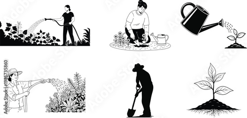 Gardening activities illustration people watering digging and tending to plants in a black and white style