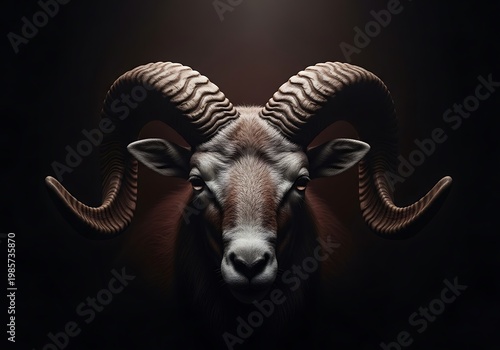 Realistic Ram with Large Spiral Horns in Moody Lighting. Generative Ai