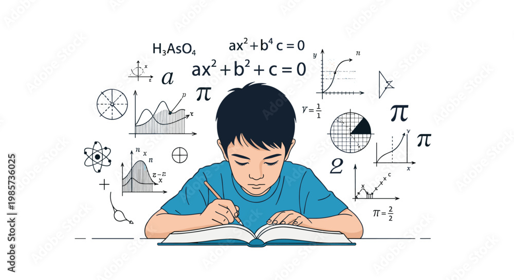 © ChantalChmielewska - Young boy deeply focused on studying from a book surrounded by complex mathematical formulas and scientific diagrams.