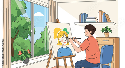 Young male artist sitting at an easel and painting a colorful portrait of a woman in a sunny room by a window.