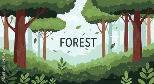 Lush green forest background featuring various types of trees and bushes with the word forest and falling leaves.