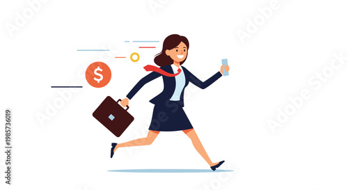 Cheerful businesswoman in a suit running quickly while holding a briefcase and a banknote with floating coins indicating profit.