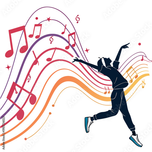 Silhouette dancer leaps to music with colorful waves.