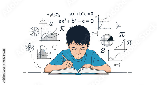 Young boy deeply focused on studying from a book surrounded by complex mathematical formulas and scientific diagrams.