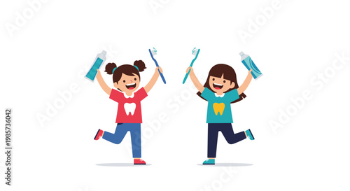 Two happy young girls dancing and holding toothbrushes and toothpaste tubes celebrating healthy dental hygiene.