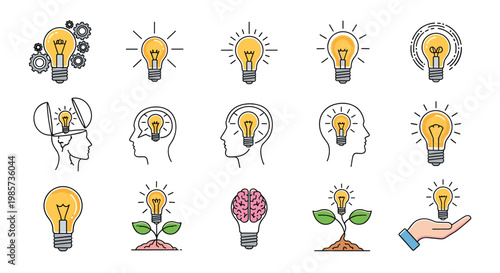Diverse collection of light bulb and human brain icons representing ideas, innovation, intelligence, creativity, and growth.