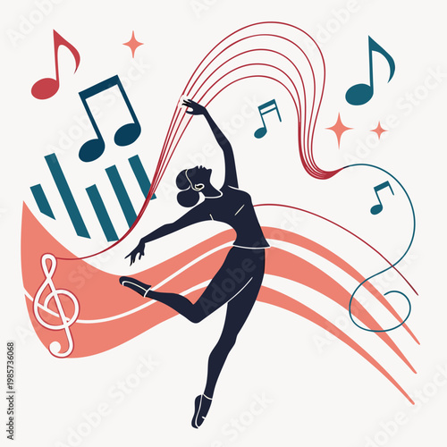 Graceful ballerina posing with flowing music art.