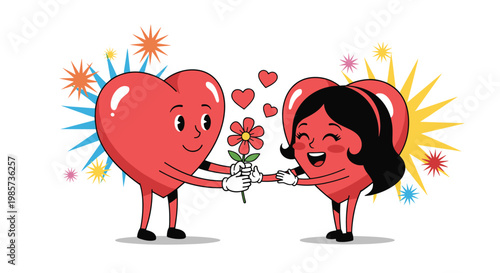 Two cute heart characters holding hands, one male heart giving a pink flower to a female heart with sparkles.