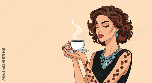 Sophisticated woman with curly hair drinking coffee and showing coffee bean tattoos on her arm on a tan background.