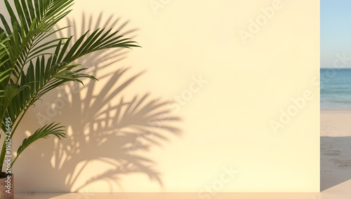 Palm plant casting shadow on beige wall by ocean during daytime  