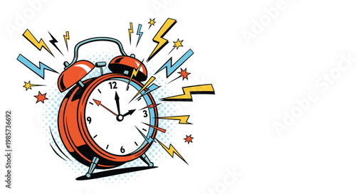 Retro alarm clock ringing loudly with lightning bolts and stars on white background, pop art illustration of morning wake up call.