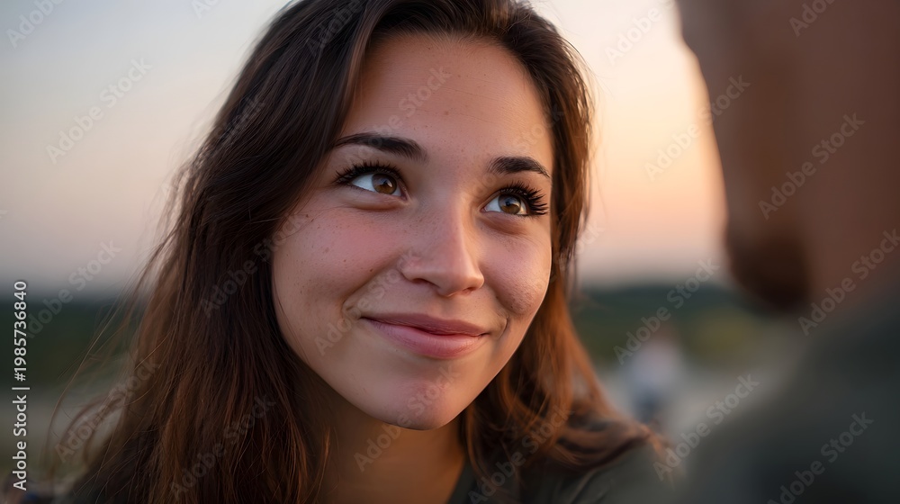 Fototapeta premium A woman with a gentle smile looks up during a shared outdoor moment at sunset embodying connection and warmth