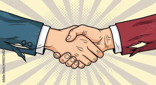 Handshake between two men with torn suit sleeves on sunburst background, pop art illustration of business agreement after difficult struggle.