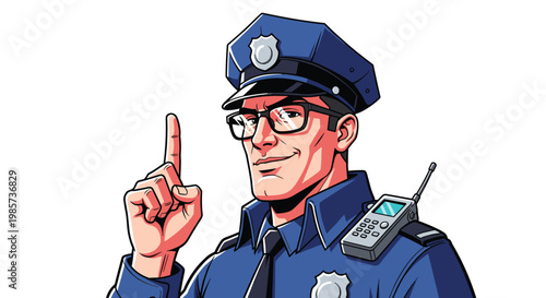 Police officer in uniform and glasses pointing finger up as if giving advice or warning, pop art style character design on white background.