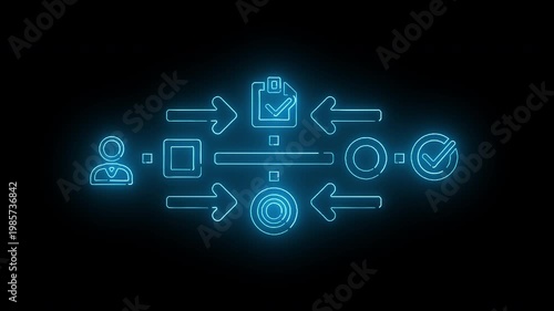 Neon-lit cybersecurity flowchart with threat detected center on black background